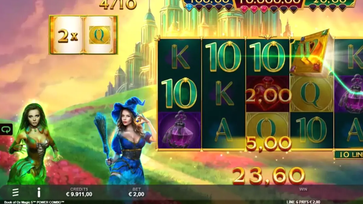Interface do jogo Book of Oz Magic 5 Power Combo com elementos mágicos e personagens clássicos.