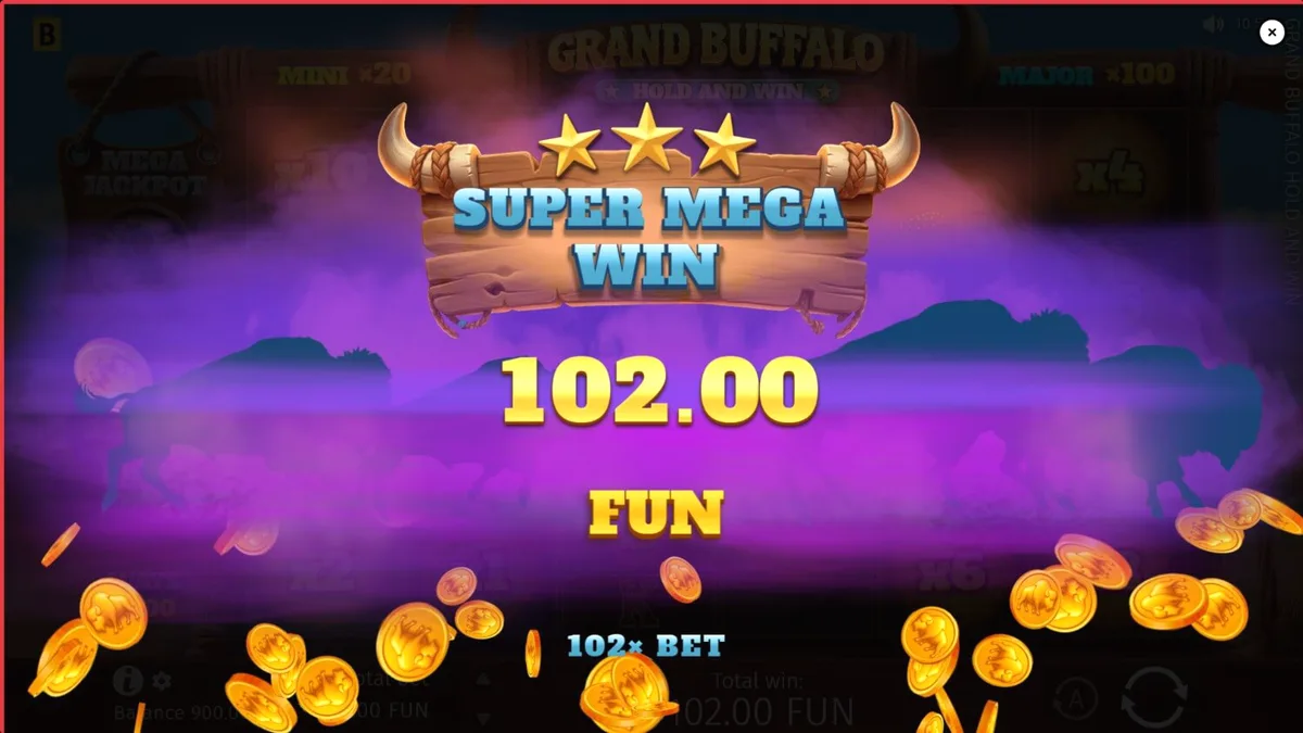 Interface do jogo Grand Buffalo Hold and Win exibindo símbolos de búfalos e elementos do Velho Oeste