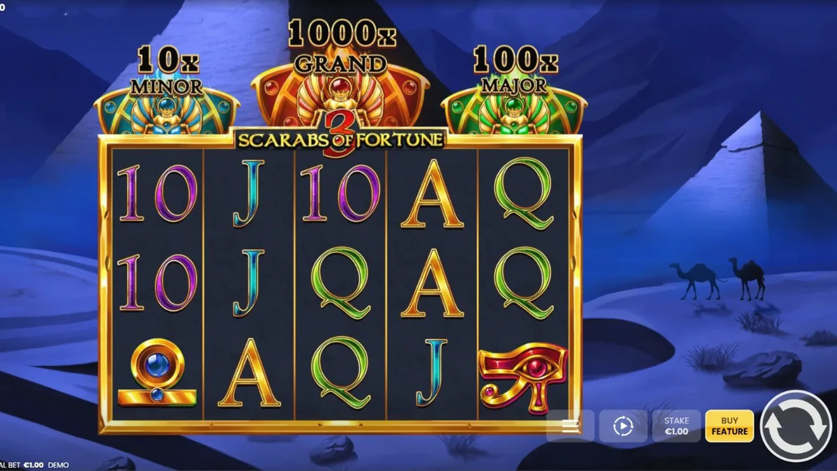 Interface do jogo 3 Scarabs of Fortune com símbolos egípcios e escaravelhos dourados